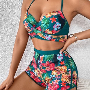Bikini Three-piece Swimsuit European and American Swimwear Women's Spring and Summer Tropical Flower-printed boxer shorts Bikini