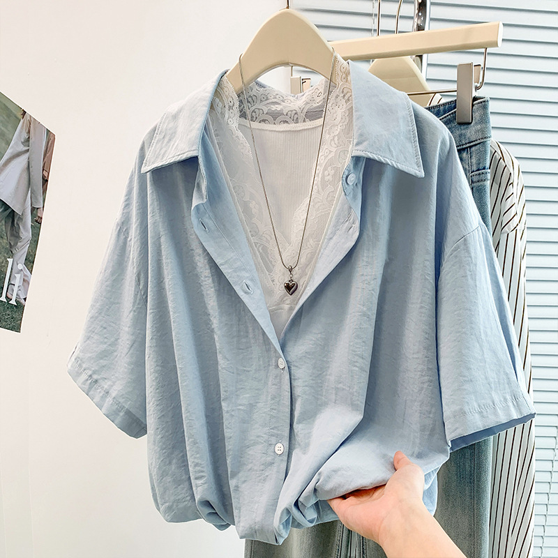 Real Shot of Light Blue Faux Two-Piece V-Neck Short-Sleeve Shirt for Women, 2026 New Summer Style, Plus Size, Super Stylish Top Real Shot of Light Blue Faux Two-Piece V-Neck Short-Sleeve Shirt for Women, 2026 New Summer Style, Plus Size, Super Stylish Top