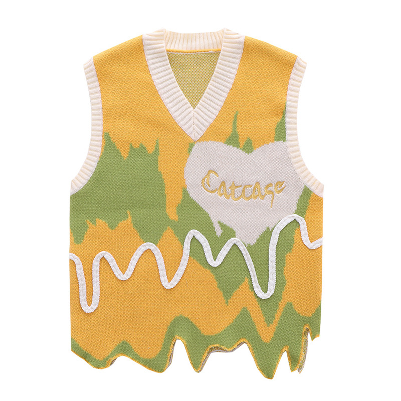 Cross-Border marca de moda contraste color suéter Chaleco de los hombres y las mujeres de primavera y otoño nicho de diseño de perfil de dobladillo irregular Chaleco de punto