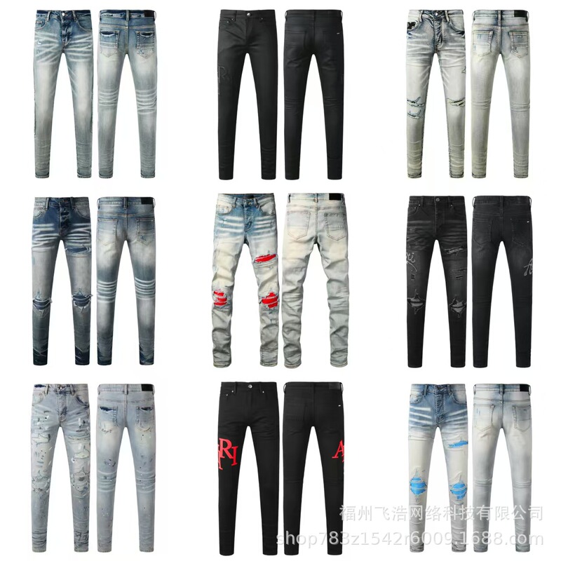 High-Quality Foreign Trade Stock with Complete Labels, European and American Street Style Men's Jeans, Fashionable Slim-Fit Ripped Patch Jeans High-Quality Foreign Trade Stock with Complete Labels, European and American Street Style Men's Jeans, Fashionable Slim-Fit Ripped Patch Jeans
