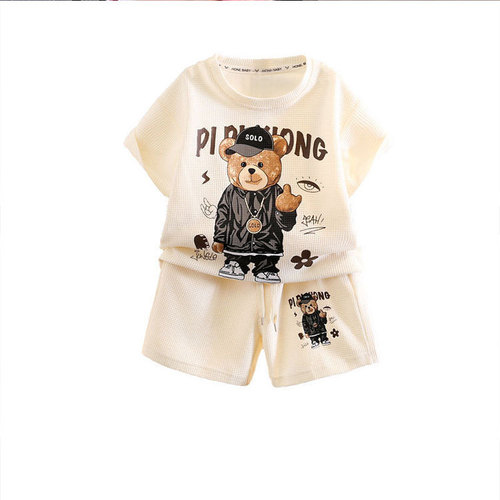 Boys' Summer Suit Set 2024 New Arrival Baby Cool Brat Style Honeycomb Fabric Clothes Trendy Children's Summer Short Sleeve Cartoon Fashion