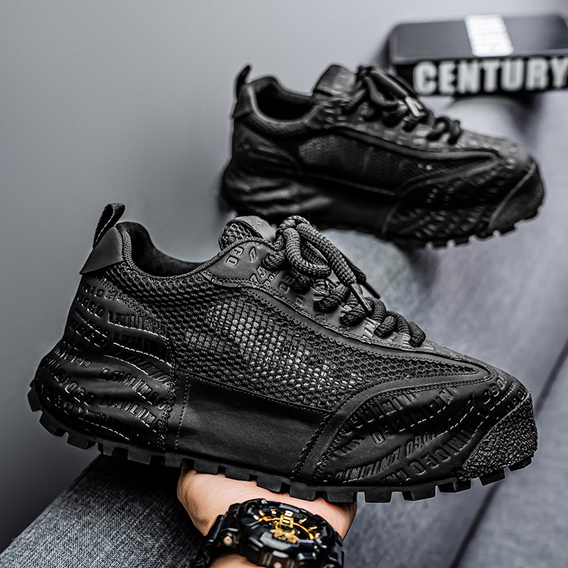 Zapatos de hombre de estación europea, malla de verano, zapatos de red huecos transpirables, zapatos deportivos para correr casuales, zapatos de moda de papá blanco pequeño de suela gruesa