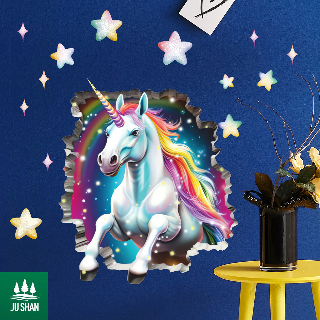 Cross-Border 3D Unicorn Breaking Wallpaper Bathroom Sticker Children's Room Background Wall_voghion.com