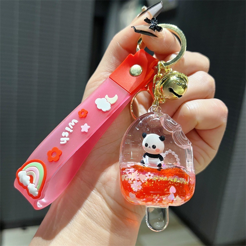 アクリルオイルアイスクリームパンダ流砂ボトルキーホルダーかわいいアイスキャンディーパンダフローティング人形ペンダント小さなギフト|undefined