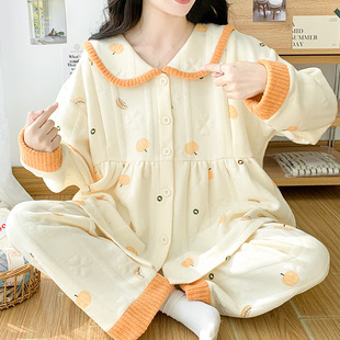 Monthly clothing autumn and winter interlayer air cotton pregnant women postpartum nursing pajamas with chest pad October home clothing suit