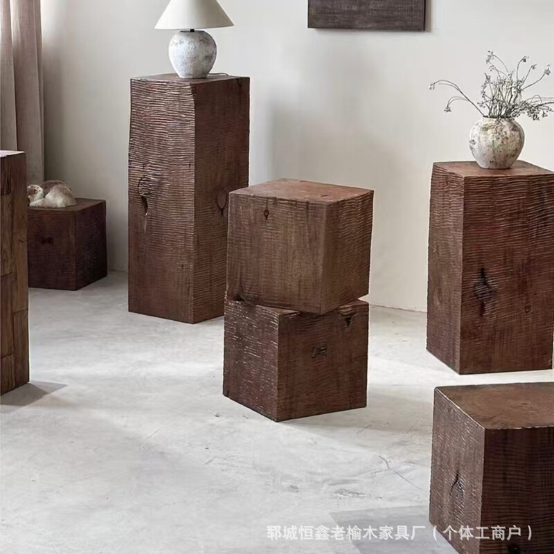侘寂风方形木墩子坐凳花架树桩茶几边几复古老榆木家具创意摆件|undefined