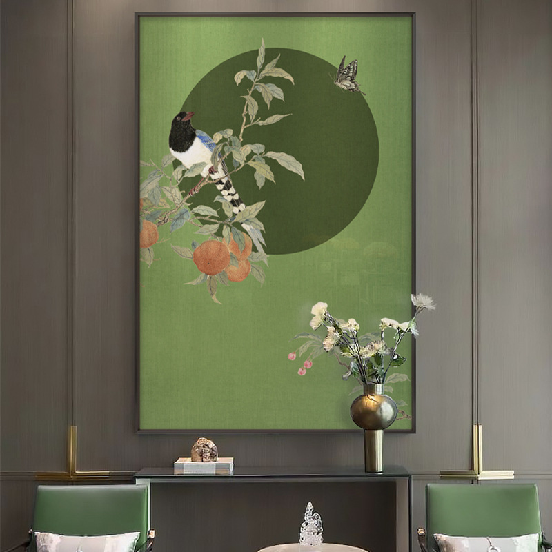 新中式花鸟装饰画古典墨绿色挂画软装样板房入户玄关大尺寸壁画