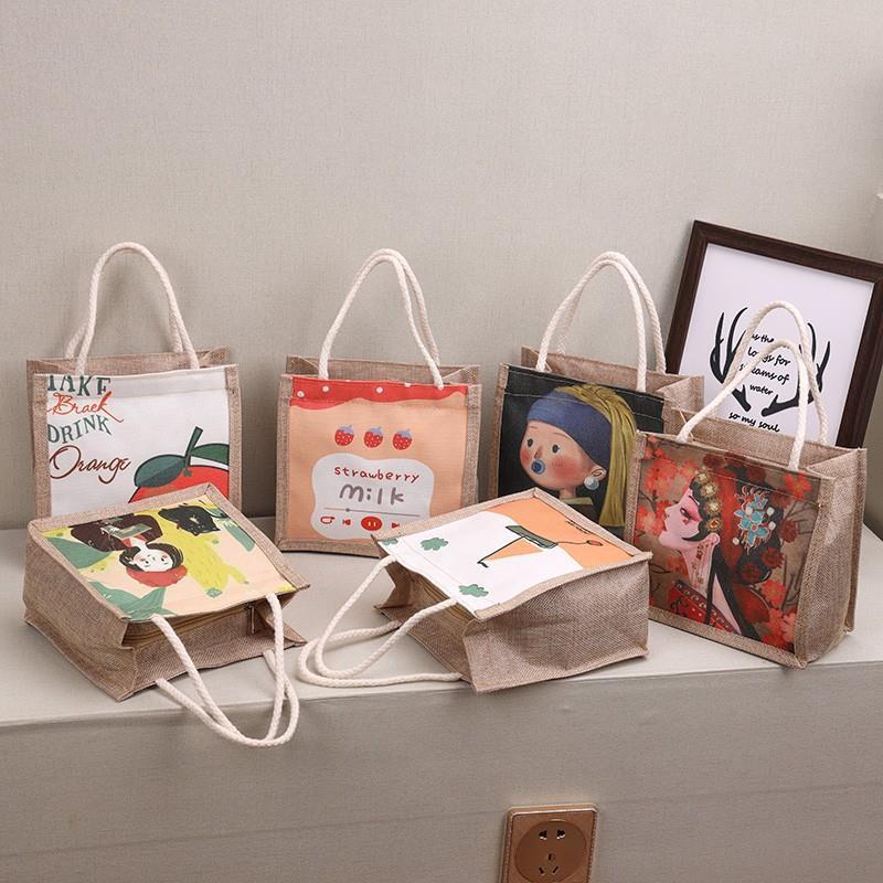 Linen Bag Women's 2022 Spring and Summer Fashionable Korean Printed Portable Bag Internet Celebrant Fashionable and Trendy picnic Bag