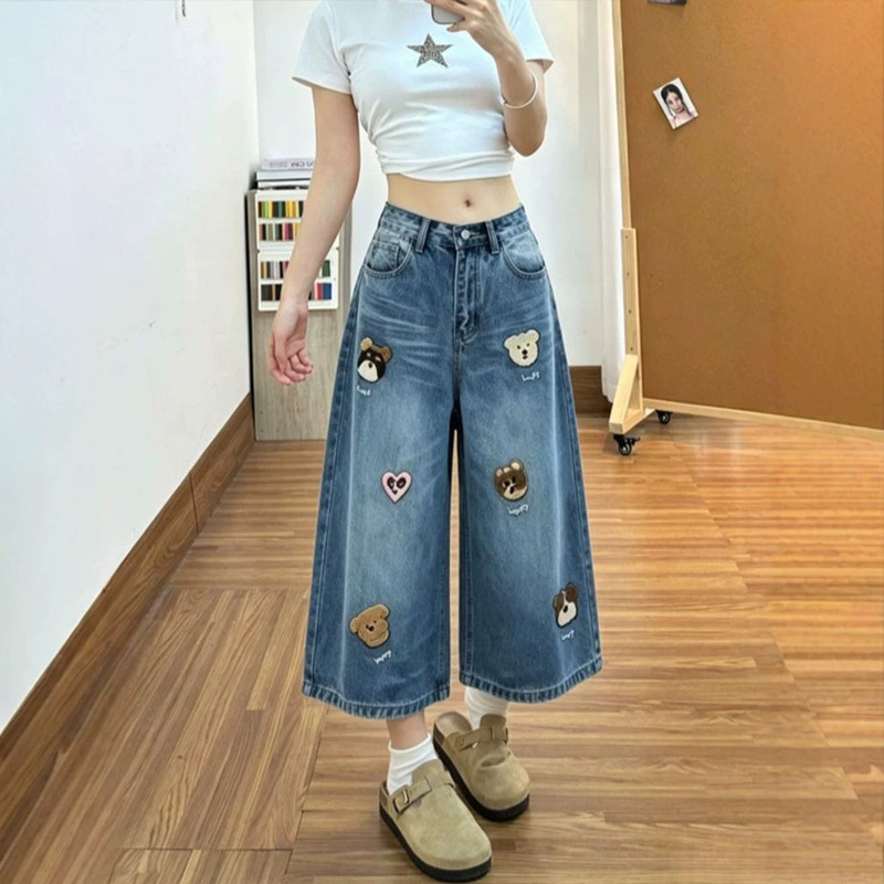 Trendy Carp-Themed Cute Embroidered Patch Denim Cropped Pants for Women 2026 Summer New Straight Wide-Leg High-Waisted Mid-Length Pants