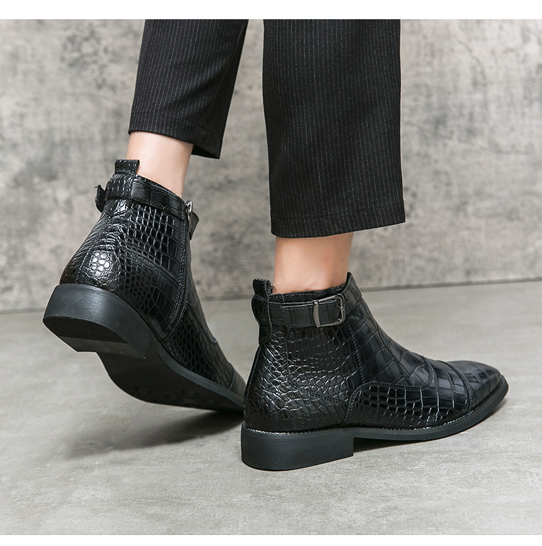 Men's Shoes Autumn And Winter Large Size Crocodile Pattern Short Boots Men's Business Solid Color Leather Boots Black High Top Leather_voghion.com