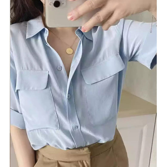 2025 Summer New Arrival Women's French Style Loose Polo Collar Top All-Match Trendy light blue Short-Sleeved Shirt