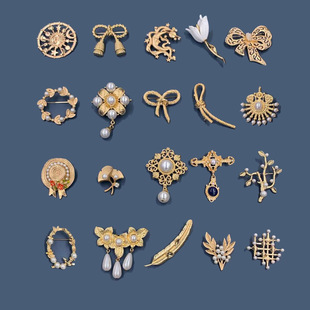 Retro Pearl Baroque Star and Moon Zinc Alloy Glass Brooch Bow Tulip Ginkgo Leaf Brooch Accessories