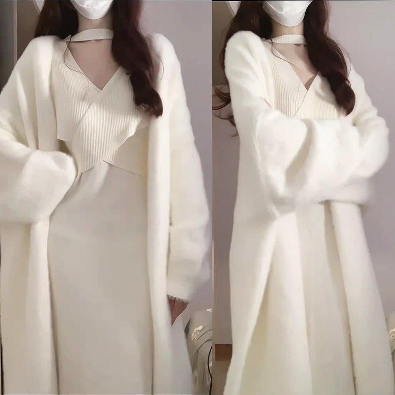 (2개) 2023 가을 겨울 젠틀 앤 레이지 니트 가디건 하의 세트 + 크리미 니트 드레스