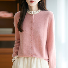 秋冬新款上衣洋气针织外套假两件毛衣木耳边圆领纯羊毛开衫女外搭