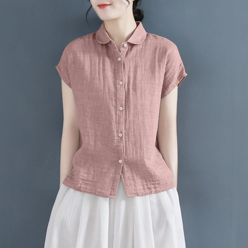 Summer Polo Collar Design Cotton and Linen Short-Sleeved Shirt for Women Loose Small Flying Sleeves Cotton and Linen Shirt Large Size Linen Top