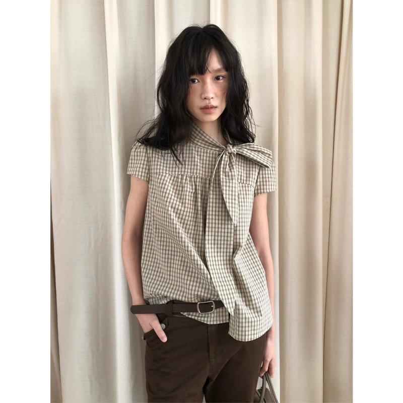 2026 Summer New Korean Style Stand Collar Tie-Up Plaid Short Sleeve Shirt for Women, Pure Cotton, Skin-Friendly, Breathable, Niche Top