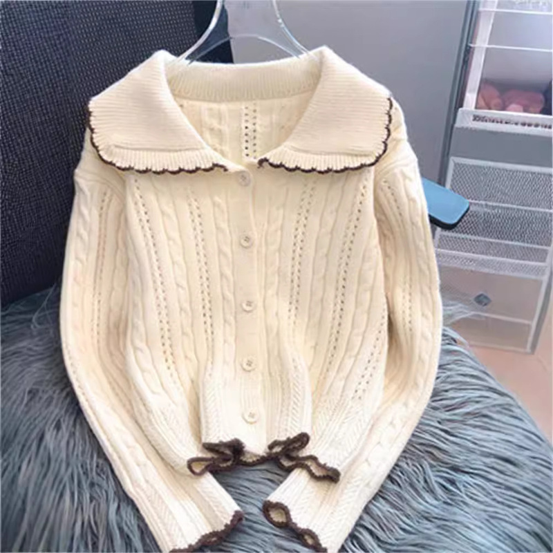 25 New Autumn and Winter Doll Collar Simple Knitted Sweater Bottoming Cardigan First Love Preppy Style Jacket Top