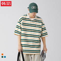 Hanlu 日本メンズファッションブランドレトロコントラストストライプ Tシャツメンズ春夏新作ゆったり万能カップル半袖