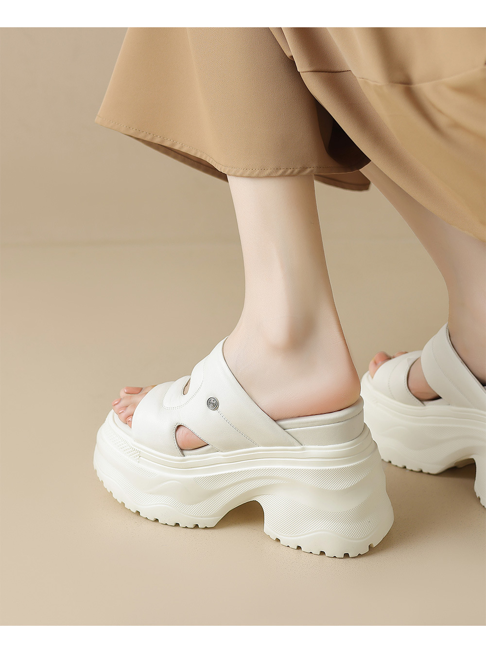 Dép sandal cao gót nữ hở mũi quai ngang da thật đế dày — Màu đen, Màu trắng chi tiết 7