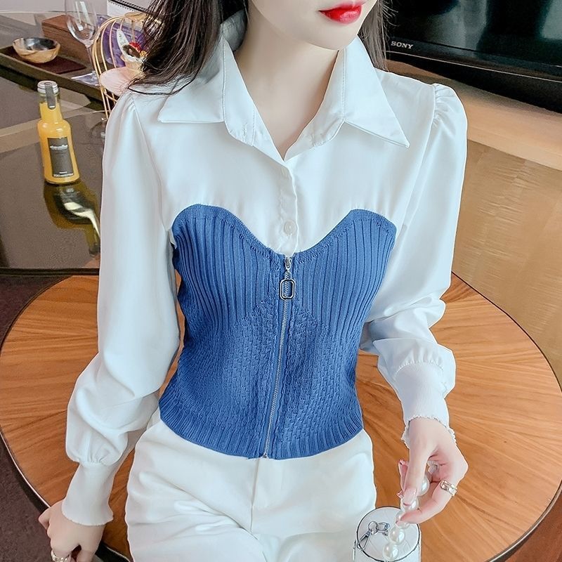 拼接短款衬衫女2025春秋新款假两件漂亮洋气小衫收腰短款别致上衣|undefined