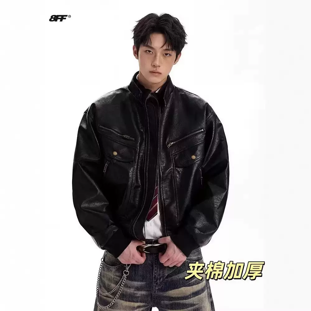 美式复古荔枝纹PU皮衣棉服男冬季加厚高级感保暖机车外套痞帅夹克