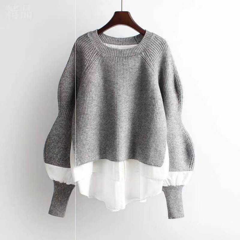 Foreign Trade European Station Autumn and Winter Pullover Sweater Women's Patchwork Shirt Fake Two-Piece Fashion Knitwear Outerwear Women's Clothing Foreign Trade European Station Autumn and Winter Pullover Sweater Women's Patchwork Shirt Fake Two-Piece Fashion Knitwear Outerwear Women's Clothing