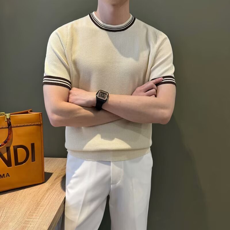 Summer Round Neck Short-Sleeve Trendy Brand Thin Knit T-Shirt 2026 New Men's Slim-Fit Half-Sleeve Pullover Base Shirt