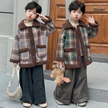 新款儿童外套男女童秋冬加绒加厚保暖中大童韩版格子上衣外穿童装