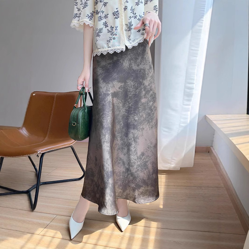 Summer New Silky Satin Women's Stretch Skirt High-Waisted Slim Mid-Length Printed High-End A-Line Skirt