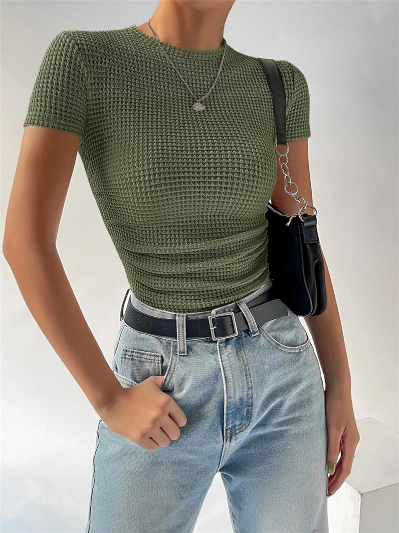 Spring Summer Slim Fit Pleating round Neck Knitted Short Sleeve T shirt