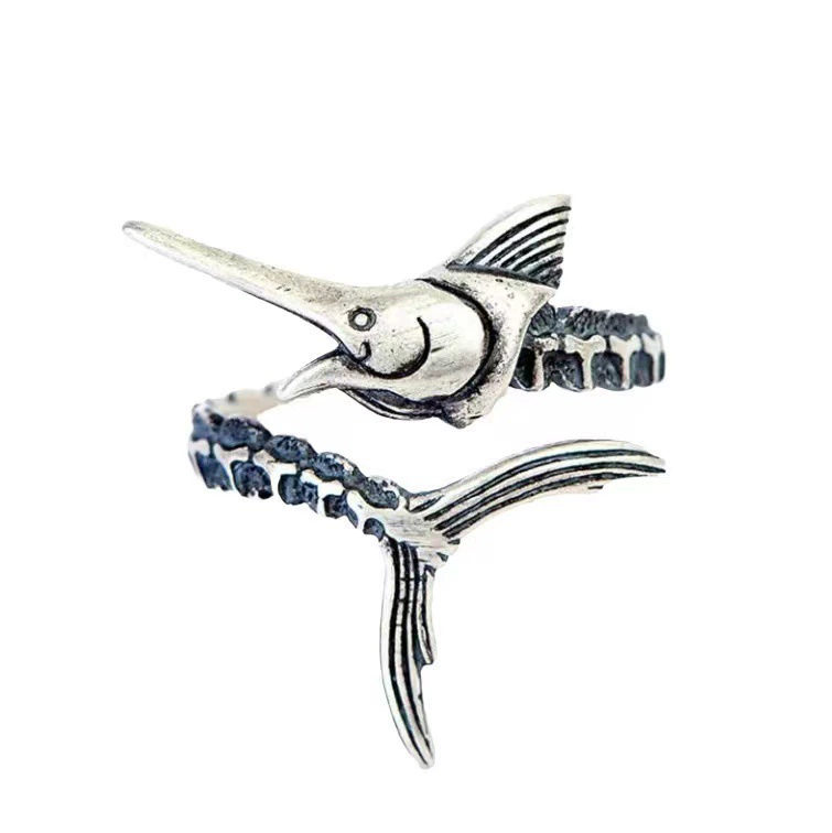 Retro one size ring for elderly, flying fish, men's style