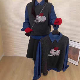 女士圆领红苹果卡通小象休闲马甲简约百搭针织衫套头打底坎肩批发