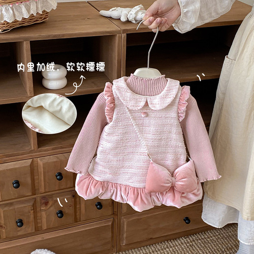 Little Girl's Fragrant Princess Dress with Butterfly Bow Accessory - 2025 New Winter Baby Korean Version Fleece Dress