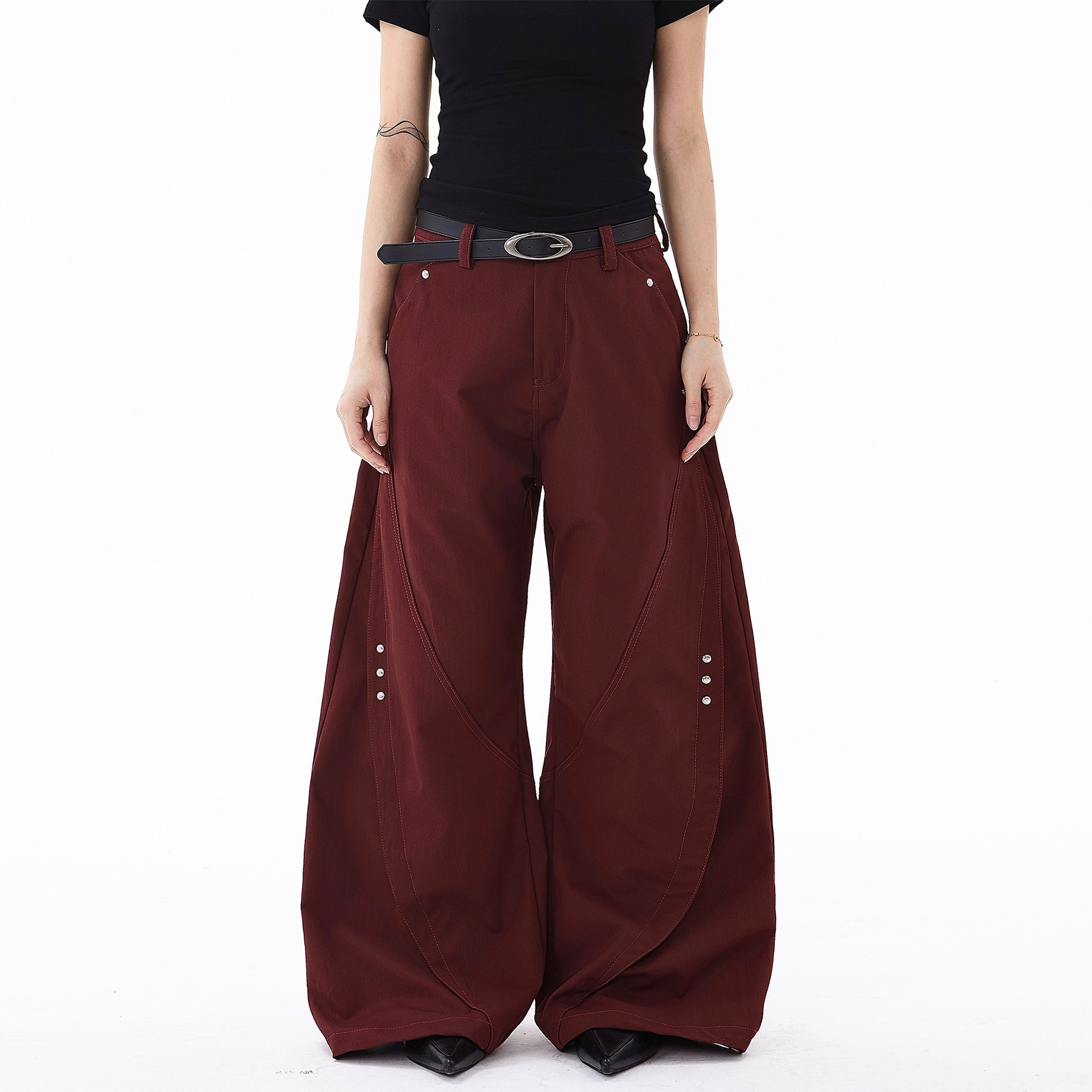 American Retro Cleanfit Deconstructed Rivet Scimitar Micro-Flared Trousers for Men and Women High-End Casual Wide-Leg Pants
