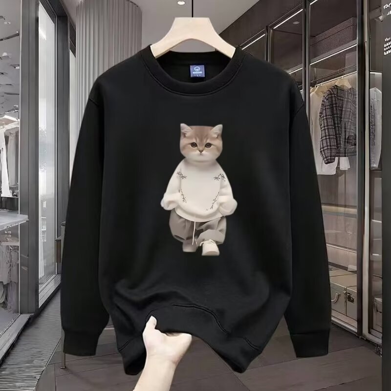 Cangshi Yishu Autumn and Winter Cat Cartoon Print Round Neck Sweatshirt Men's Loose Casual Couple Long-Sleeved Top Trendy