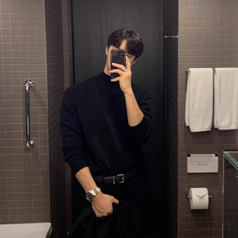 秋冬长袖内搭t恤感半高领毛衣男韩版宽松休闲纯色中领针织打底衫