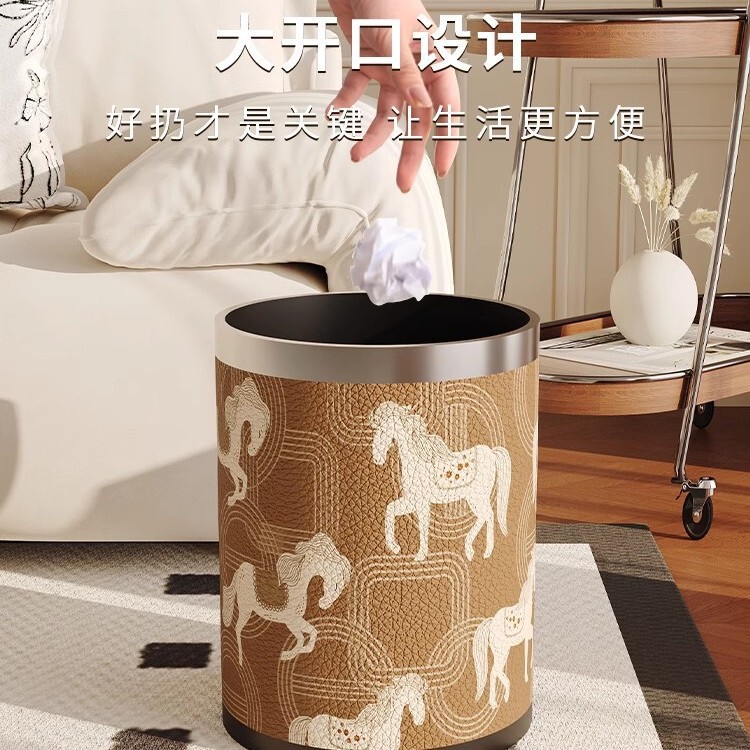 美式复古皮革垃圾桶家用客厅轻奢高档新款大号大容量卧室厨房纸篓|undefined