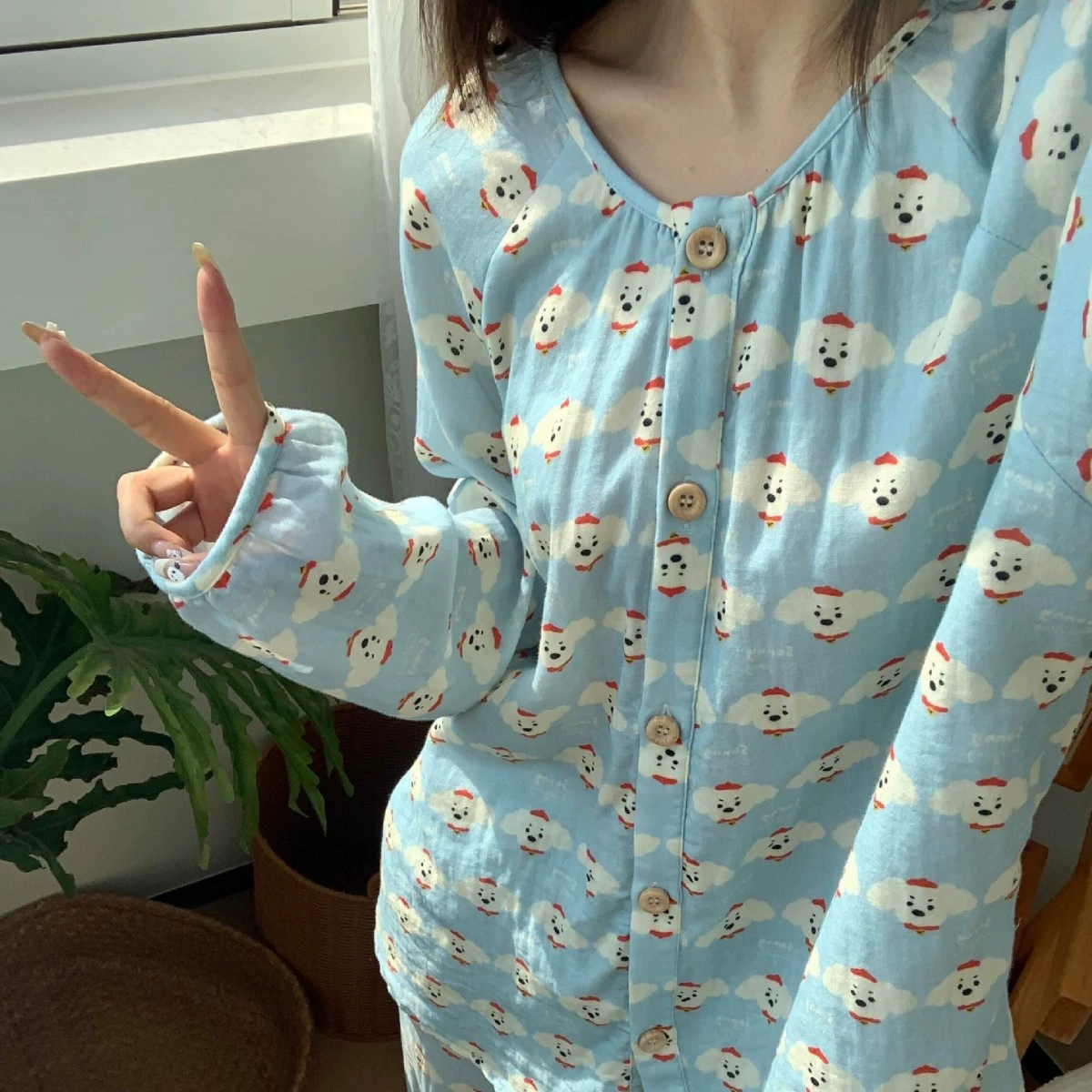 Весенний и осенний новый принт мультфильм милая девушка облако хлопчатобумажная пижама женские длинные рукава брюки домашний костюм свободный набор