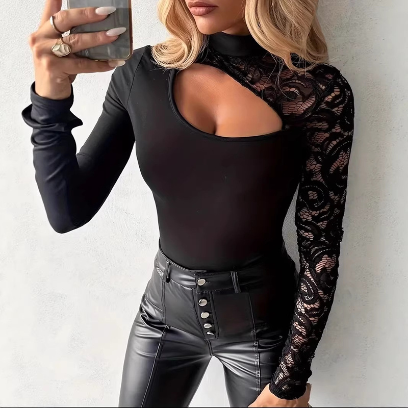 2026 European and American Spring New Cross-Border Style Elegant Slim-Fit Lace Patchwork Irregular Long-Sleeve T-Shirt 2026 European and American Spring New Cross-Border Style Elegant Slim-Fit Lace Patchwork Irregular Long-Sleeve T-Shirt