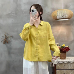 文艺休闲纯色亚麻翻领长袖衬衫2025年夏季新款宽松单口袋女式衬衣