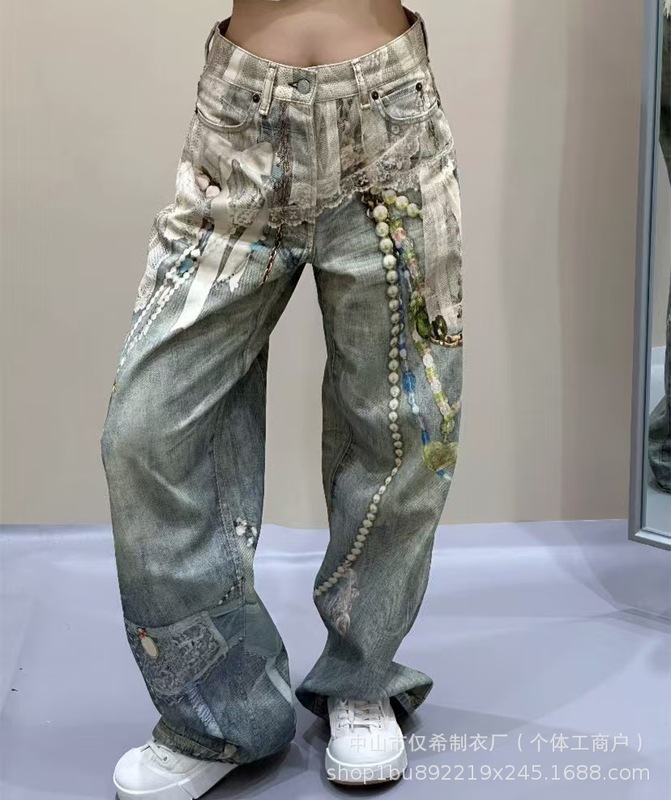 南油高端女装2025SS早秋AC新款3D打印立体珍珠链条直筒宽松牛仔裤|undefined