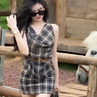 Vivi Fashionable Retro Plaid Sleeveless Suit with Belt Plaid Suit with Belt Southeast Asia Qianhe