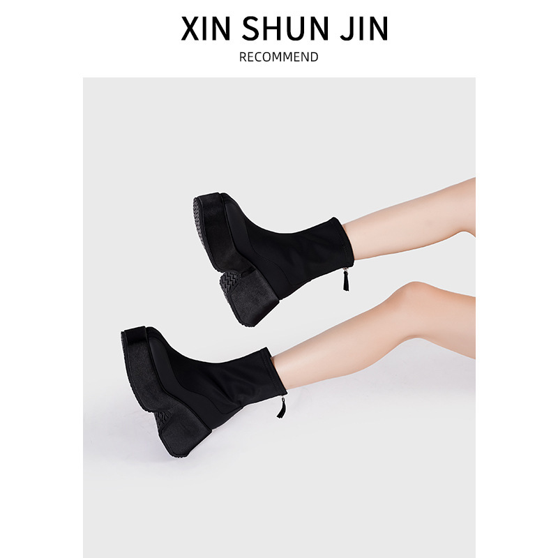 Short Women's Platform Boots with Thick Soles and Satin Finish, Slim-Fit, New Autumn/Winter Style, Ultra-High Heel Wedge Ankle Boots Short Women's Platform Boots with Thick Soles and Satin Finish, Slim-Fit, New Autumn/Winter Style, Ultra-High Heel Wedge Ankle Boots