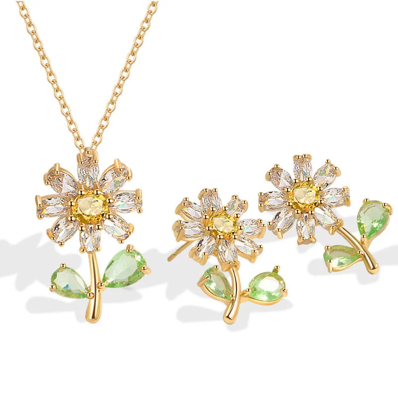 Earrings, necklace, small brand zirconium, set, diamond encrusted, flowered, light luxury style, internet celebrity
