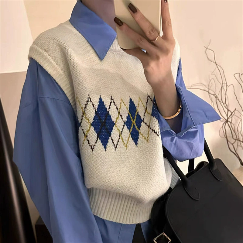 Ретро академический стиль ромбовидный трикотажный жилет женский 2025 весна и осень новый свободный дикий безрукавный жилет топ