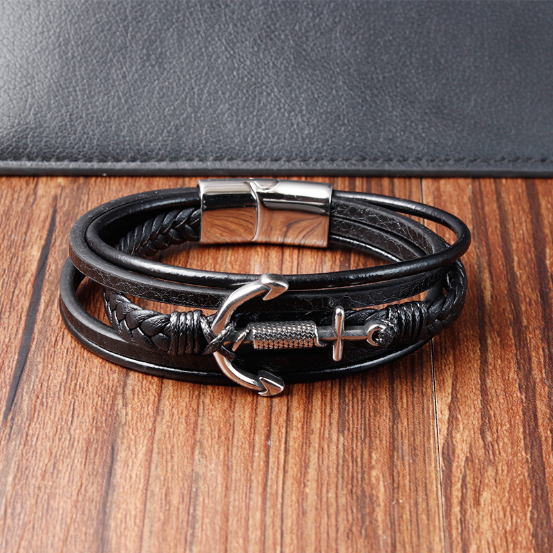 1 Piece Quantity Retro Anchor Leather Titanium Steel Layered Polishing Men's Bracelets Men Cord & Leather Bracelets