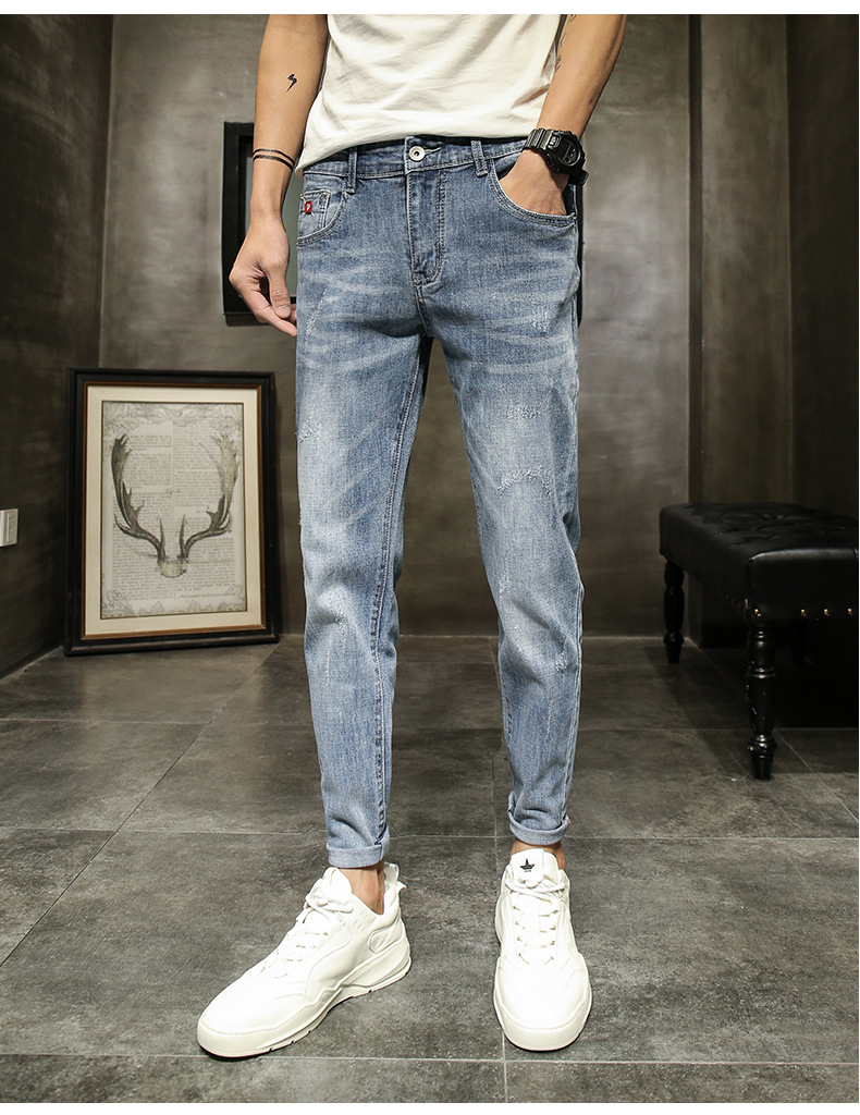 Jeans pour hommes de couleur claire de printemps et d'automne, confortables, élastiques, tendance, marque, coupe slim, petite jambe, polyvalent, délavé, décontracté_voghion.com