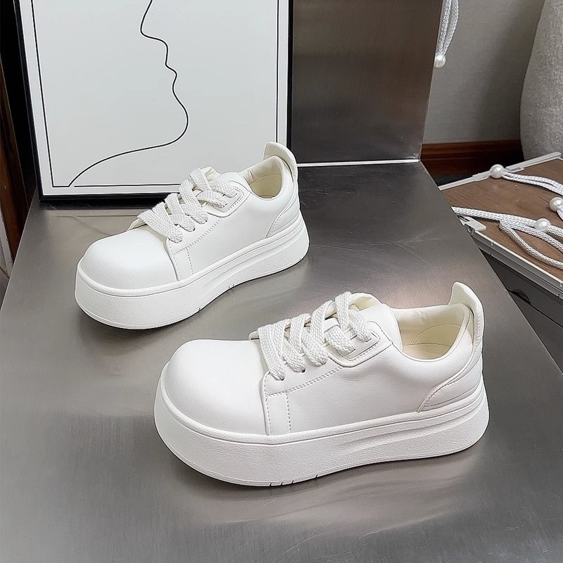 Oufan Soft Leather Thick Sole Big Head White Shoes Women's 2025 Spring New Elevated High Loaf All-match Casual Sneakers Women's Shoes