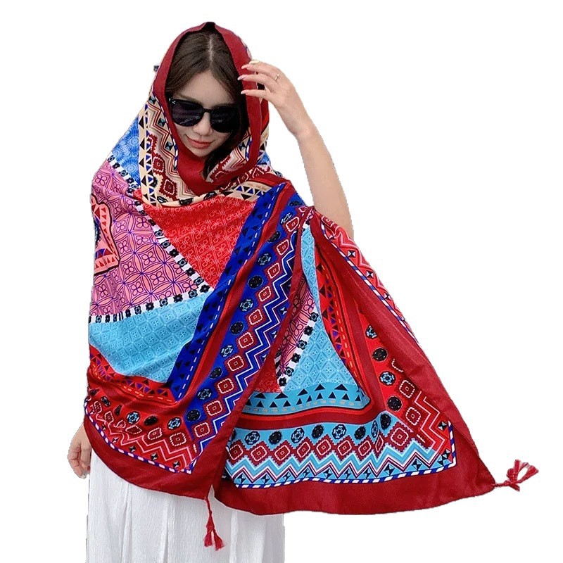 Beach shawl sunscreen scarf silk scarf summer travel photo ethnic style seaside vacation scarf versatile long women