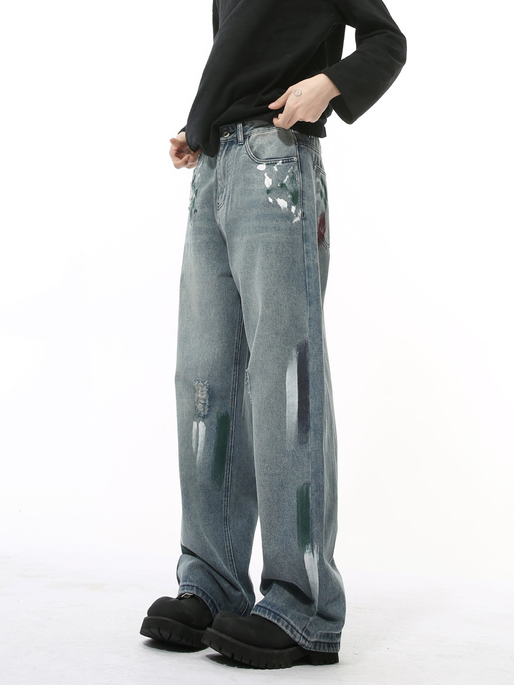 MTLCLOTHES Hombres| Nuevos productos de invierno coreanos pesados pintados a mano graffiti estilo de diseño de jeans rectos sueltos